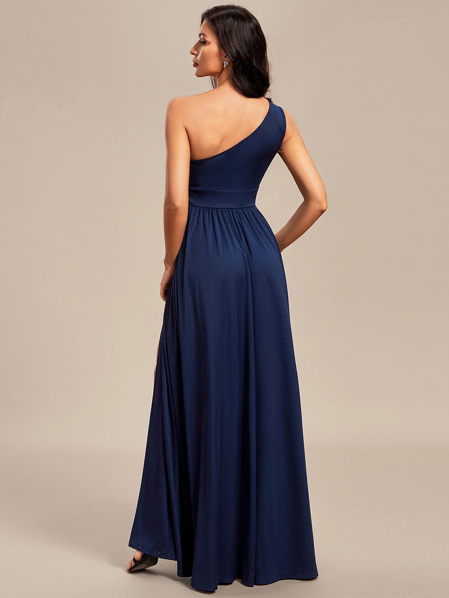 One Shoulder High Front Split Hollow Out Neckline Bridesmaid Dress #color_Navy Blue