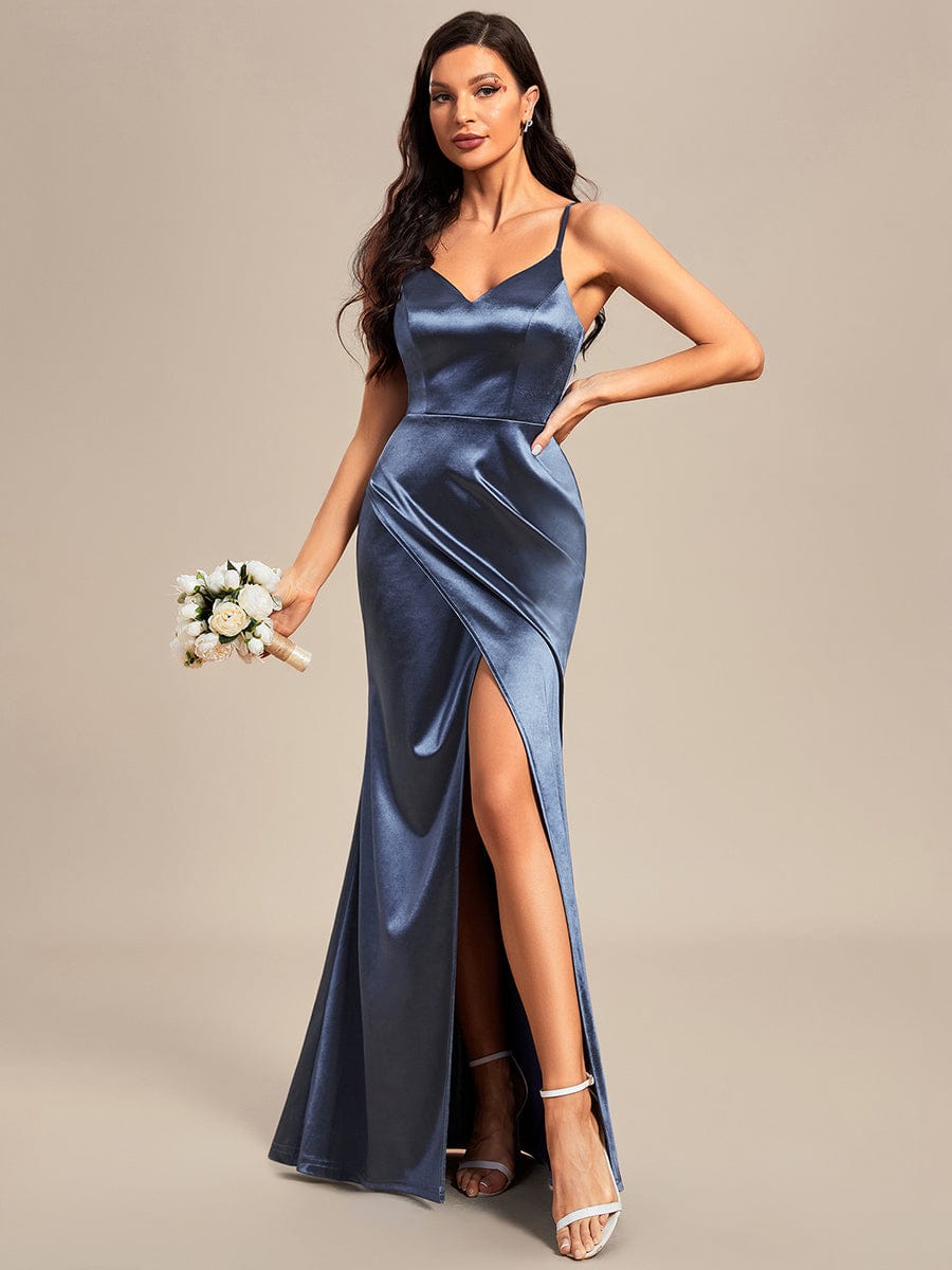 Pleated Front Slit Spaghetti Straps High Stretch Bodycon Satin Bridesmaid Dress #color_Stormy