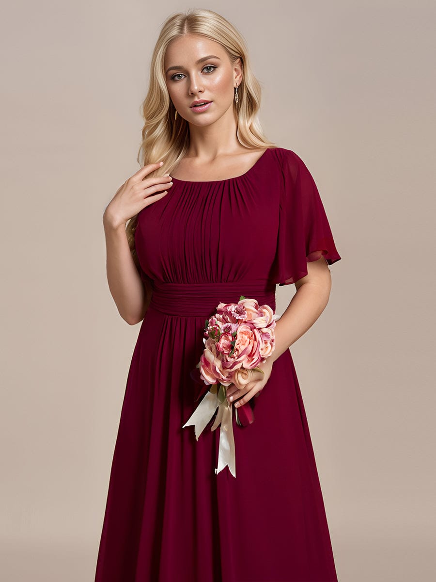 Simple Chiffon Pleated A-Line Round Neckline Bridesmaid Dress #color_Burgundy