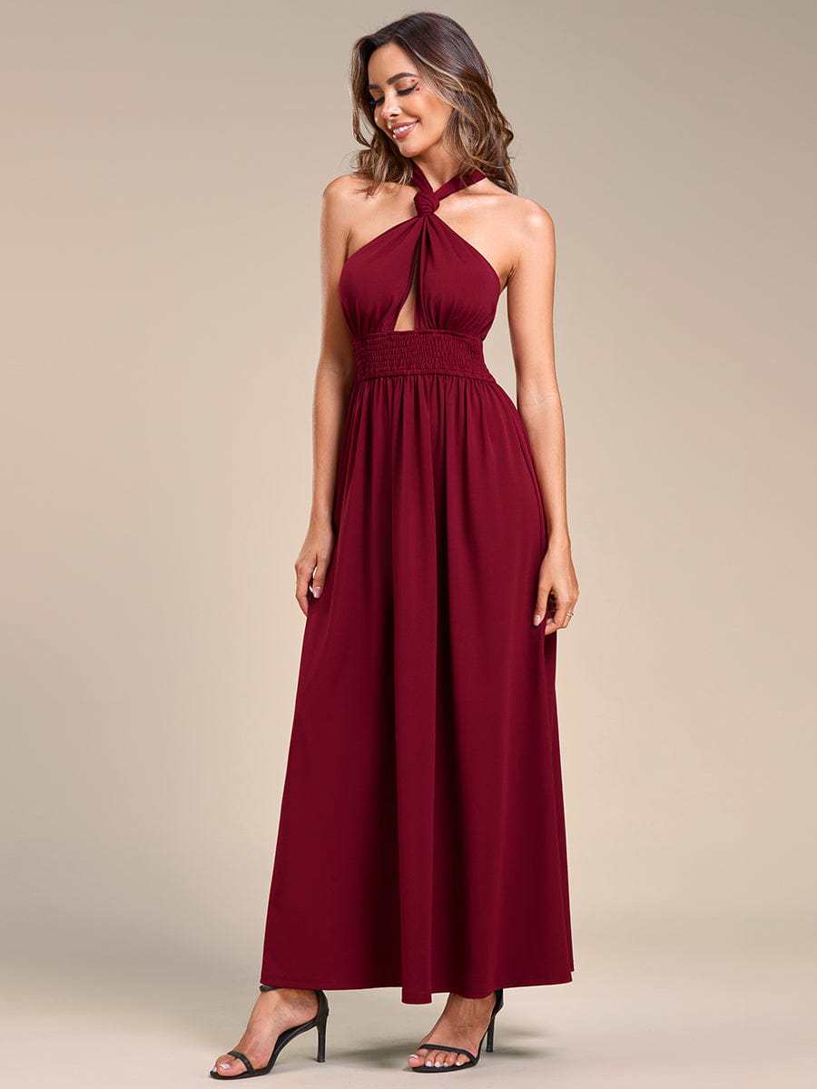 Convertible Halter A-Line Elastic Waist Tea Length Backless Bridesmaid Dress