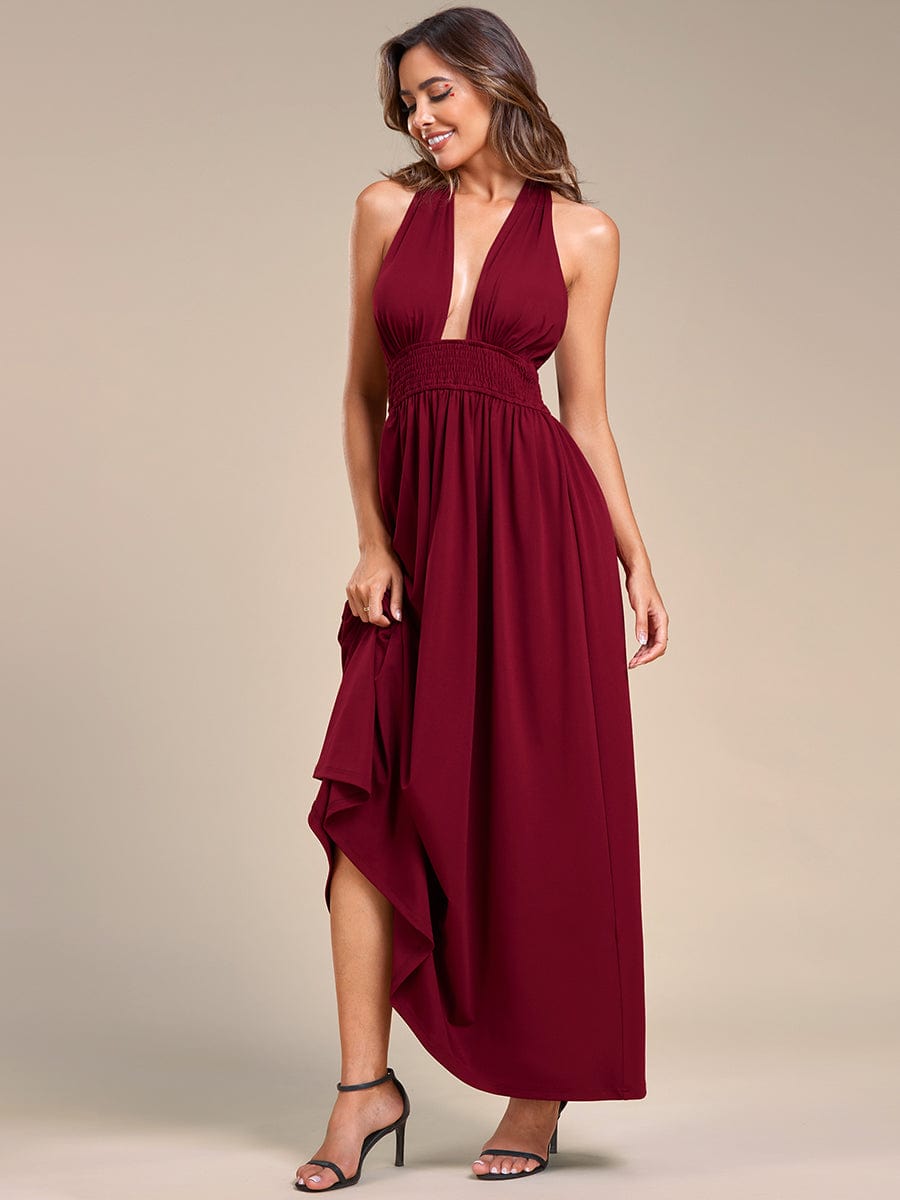 Convertible Halter A-Line Elastic Waist Tea Length Backless Bridesmaid Dress