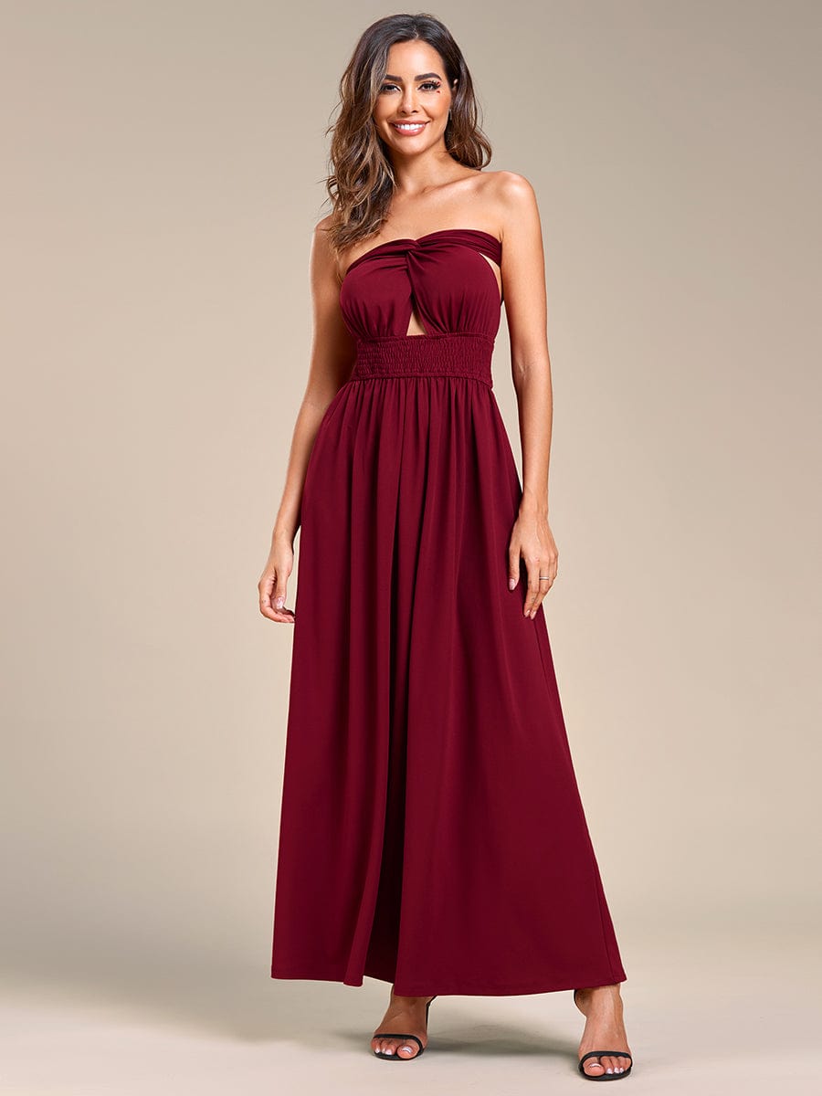 Convertible Halter A-Line Elastic Waist Tea Length Backless Bridesmaid Dress