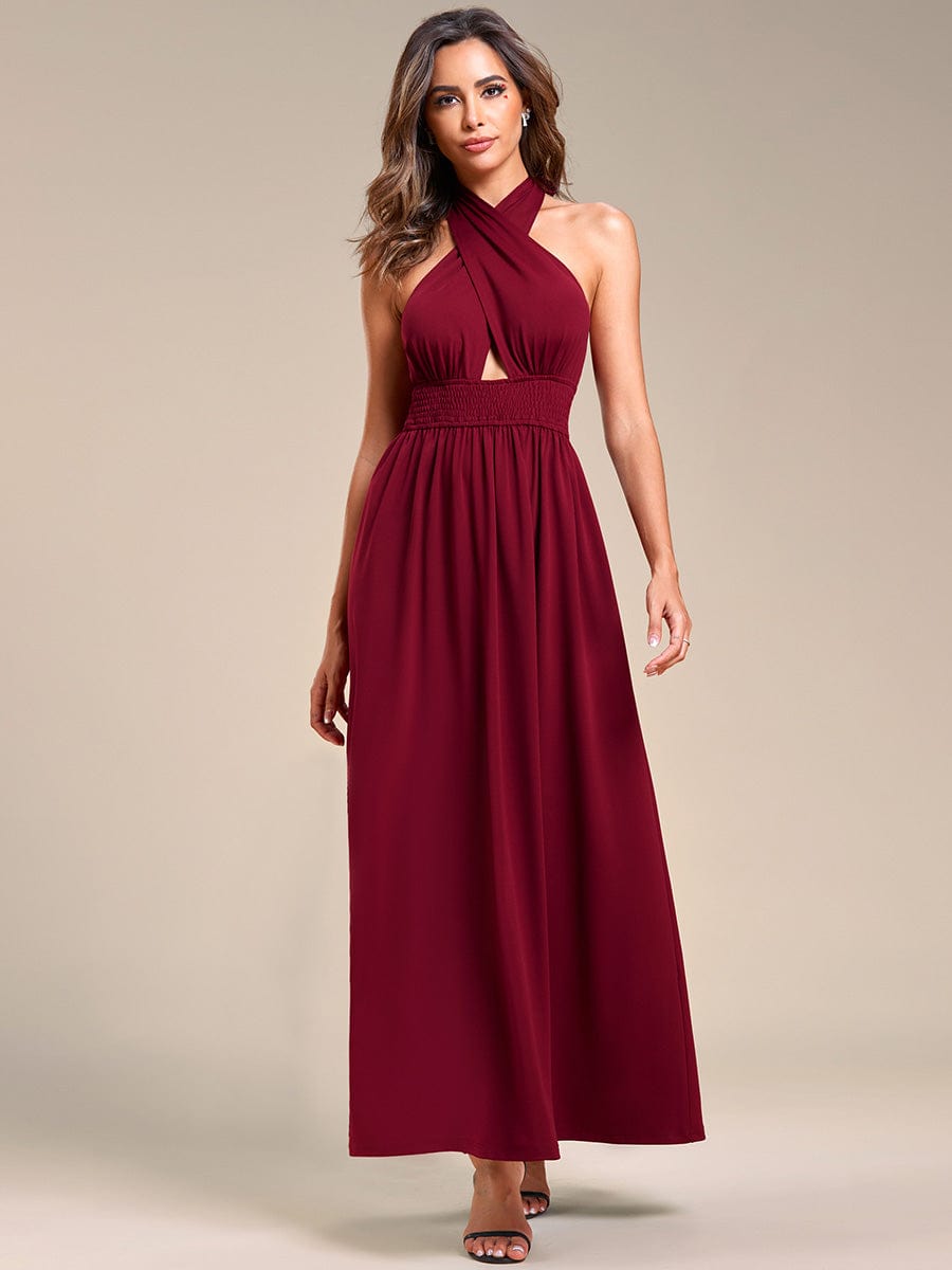 Convertible Halter A-Line Elastic Waist Tea Length Backless Bridesmaid Dress