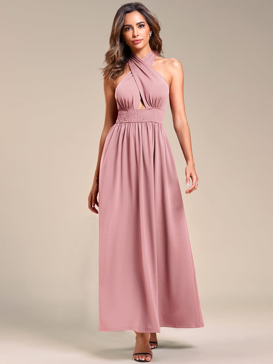 Convertible Halter A-Line Elastic Waist Tea Length Backless Bridesmaid Dress