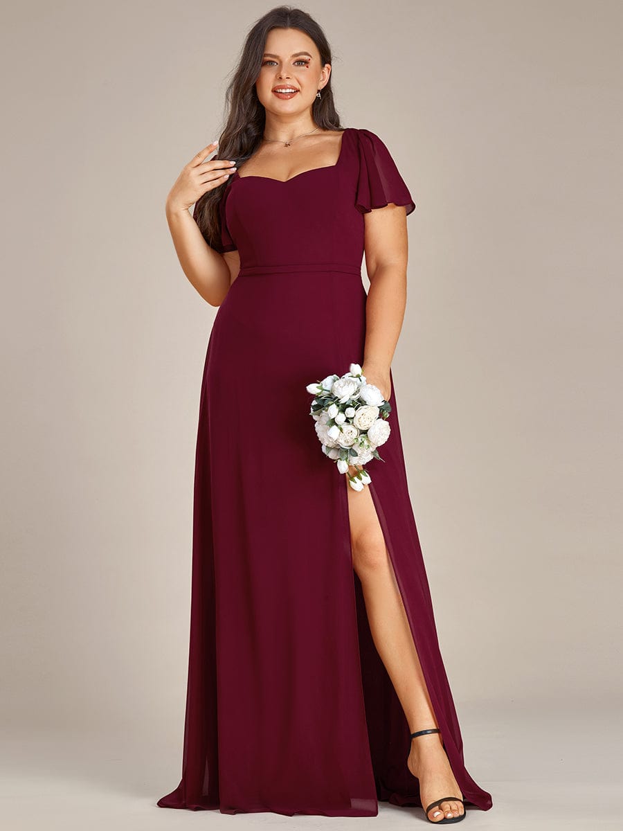 Plus Size Sweetheart A-Line High Slit Maxi Chiffon Bridesmaid Dress #color_Burgundy