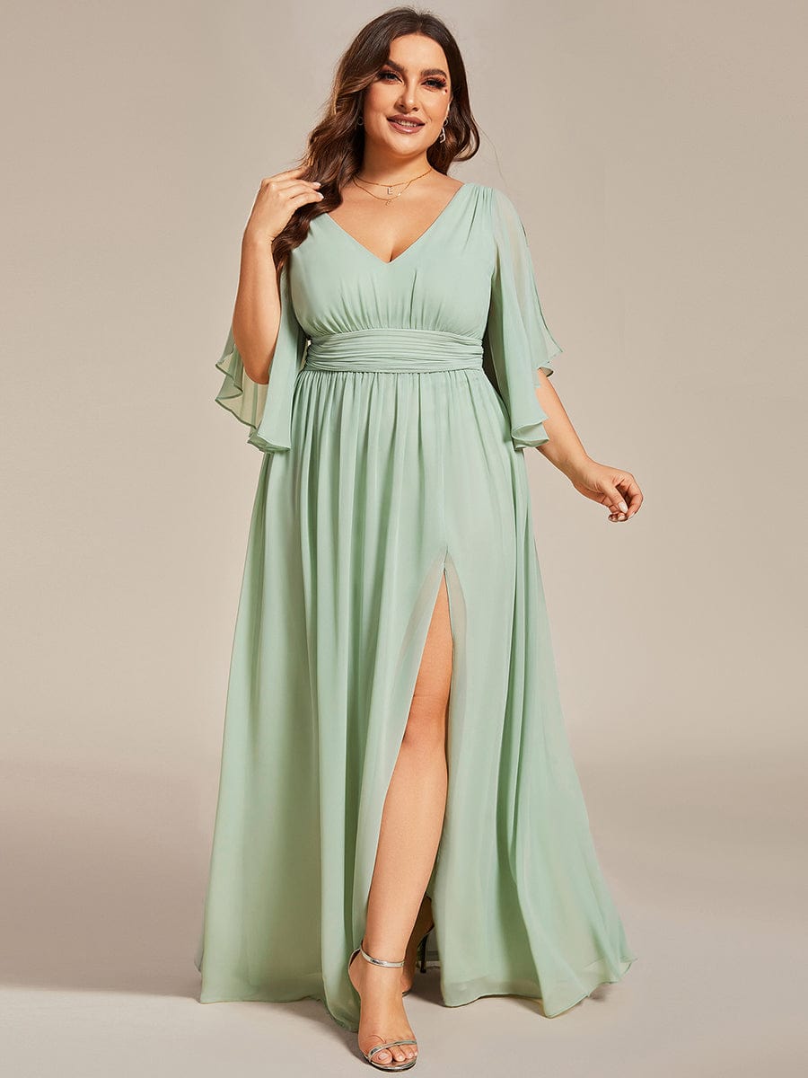 Plus Size Half Sleeve Pleated A-Line V-Neck Chiffon Bridesmaid Dress #color_Mint Green