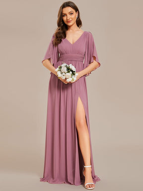 Half Sleeve V-Neck Pleated High Slit A-Line Chiffon Bridesmaid Dress