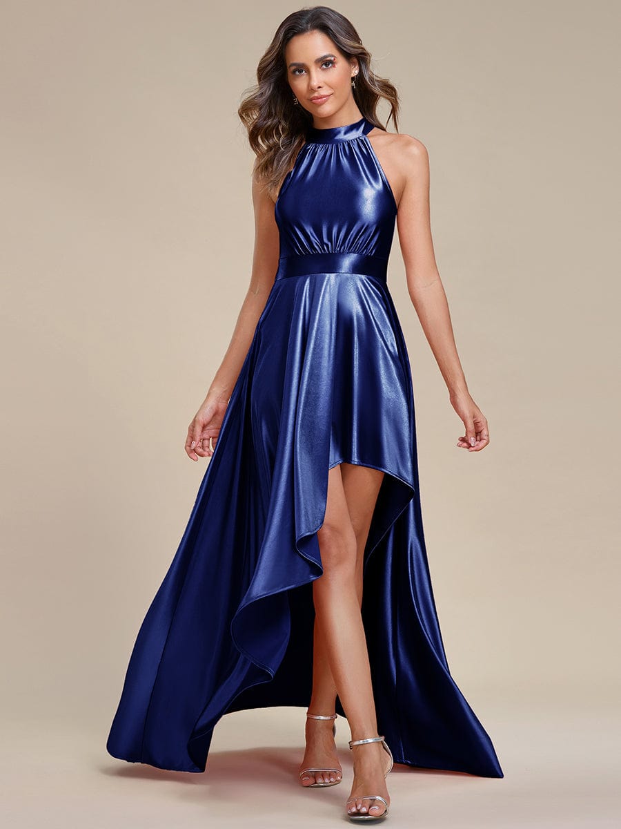 Belly Collar High-Low A-Line Satin Halter Bridesmaid Dress #color_Navy Blue