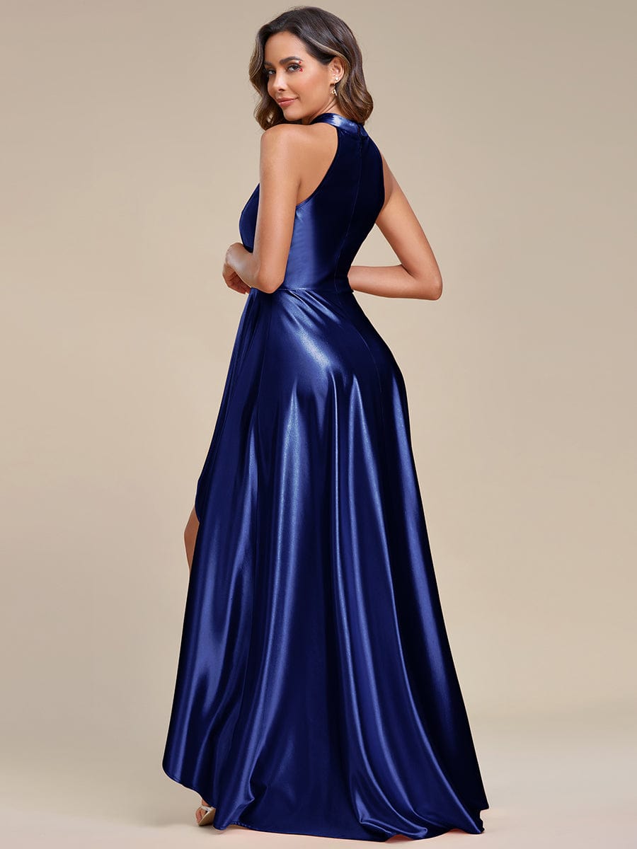 Belly Collar High-Low A-Line Satin Halter Bridesmaid Dress #color_Navy Blue