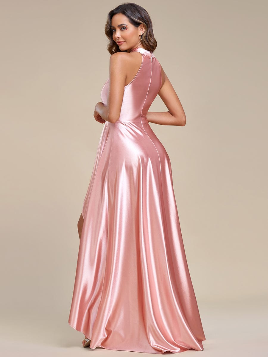 Belly Collar High-Low A-Line Satin Halter Bridesmaid Dress #color_Pink