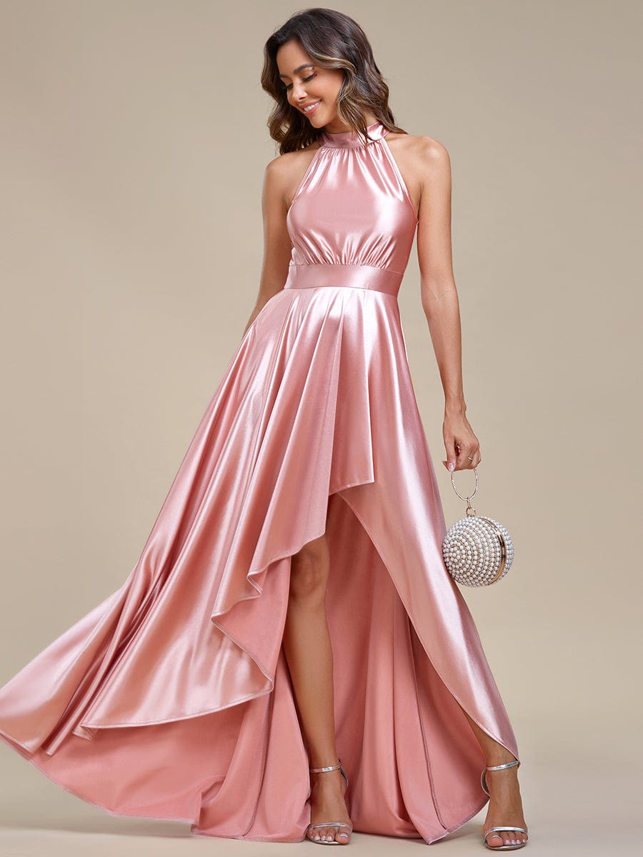 Belly Collar High-Low A-Line Satin Halter Bridesmaid Dress #color_Pink