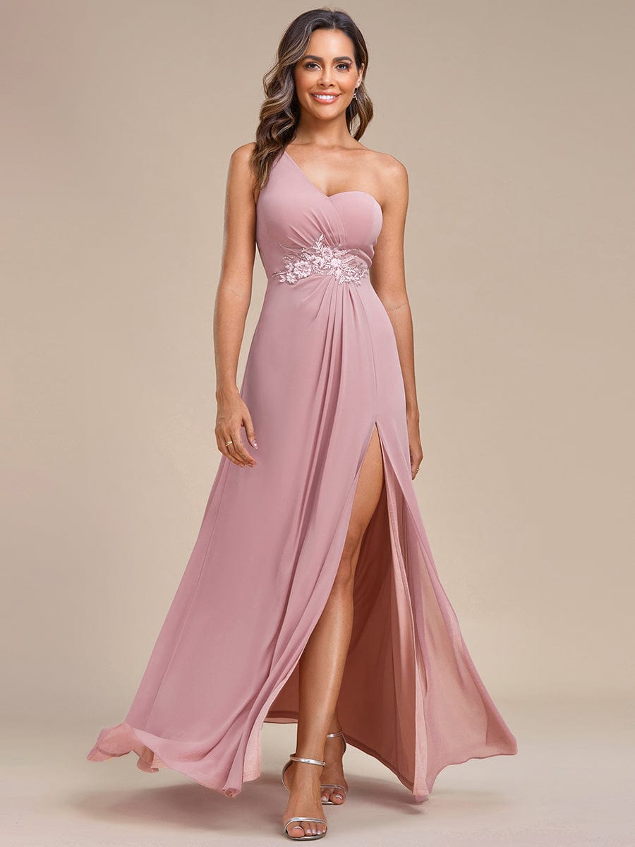 Waist Applique One-Shoulder A-Line Bridesmaid Dress with High Slit #color_Dusty Rose