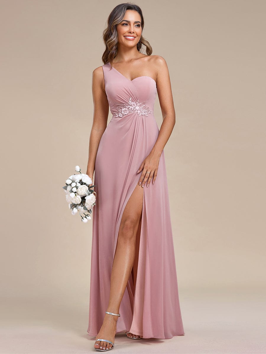 Waist Applique One-Shoulder A-Line Bridesmaid Dress with High Slit