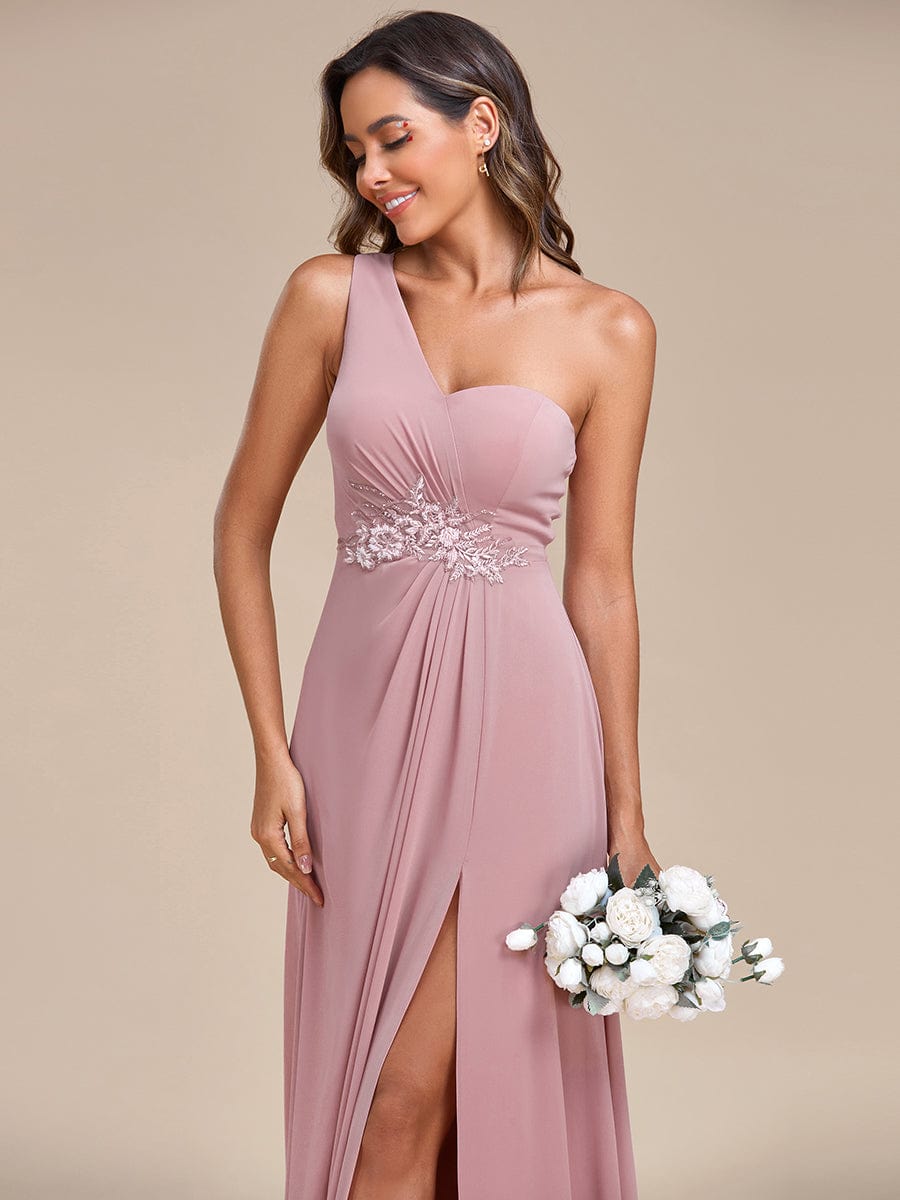 Waist Applique One-Shoulder A-Line Bridesmaid Dress with High Slit