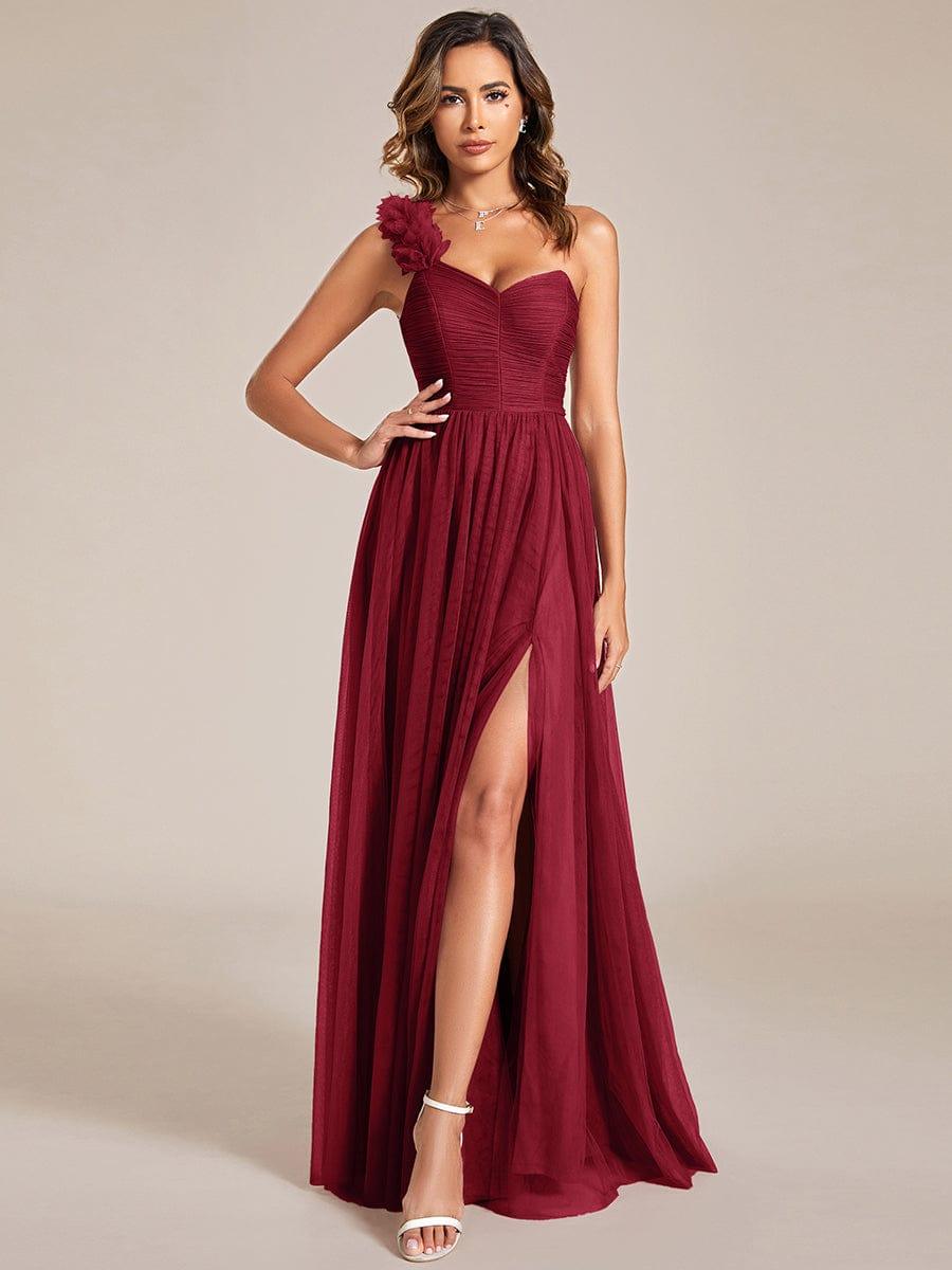 Sweetheart Neckline One Shoulder with Floral Tulle High Slit Bridesmaid Dress #color_Burgundy