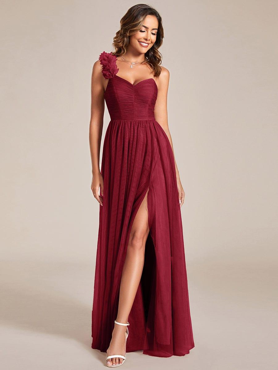 Sweetheart Neckline One Shoulder with Floral Tulle High Slit Bridesmaid Dress #color_Burgundy