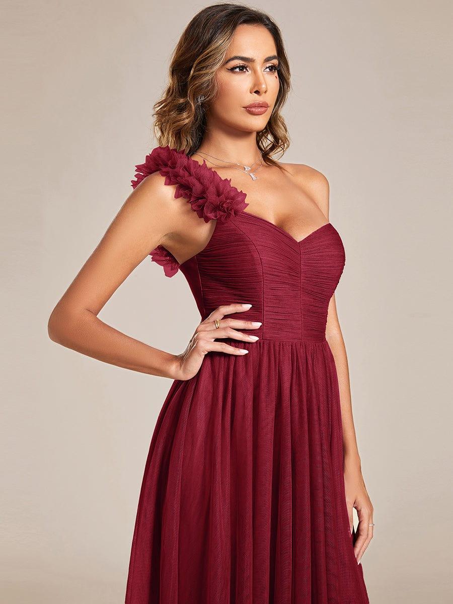 Sweetheart Neckline One Shoulder with Floral Tulle High Slit Bridesmaid Dress #color_Burgundy