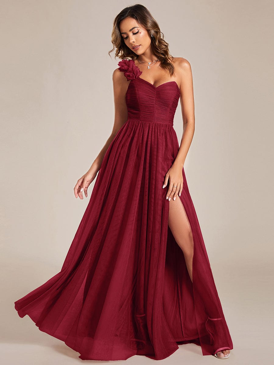 Sweetheart Neckline One Shoulder with Floral Tulle High Slit Bridesmaid Dress #color_Burgundy