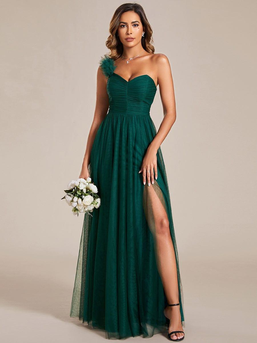 Sweetheart Neckline One Shoulder with Floral Tulle High Slit Bridesmaid Dress #color_Dark Green