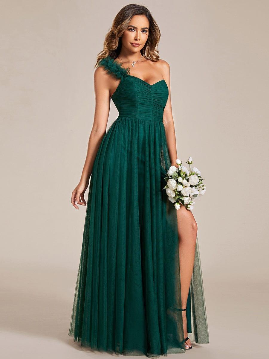 Sweetheart Neckline One Shoulder with Floral Tulle High Slit Bridesmaid Dress #color_Dark Green