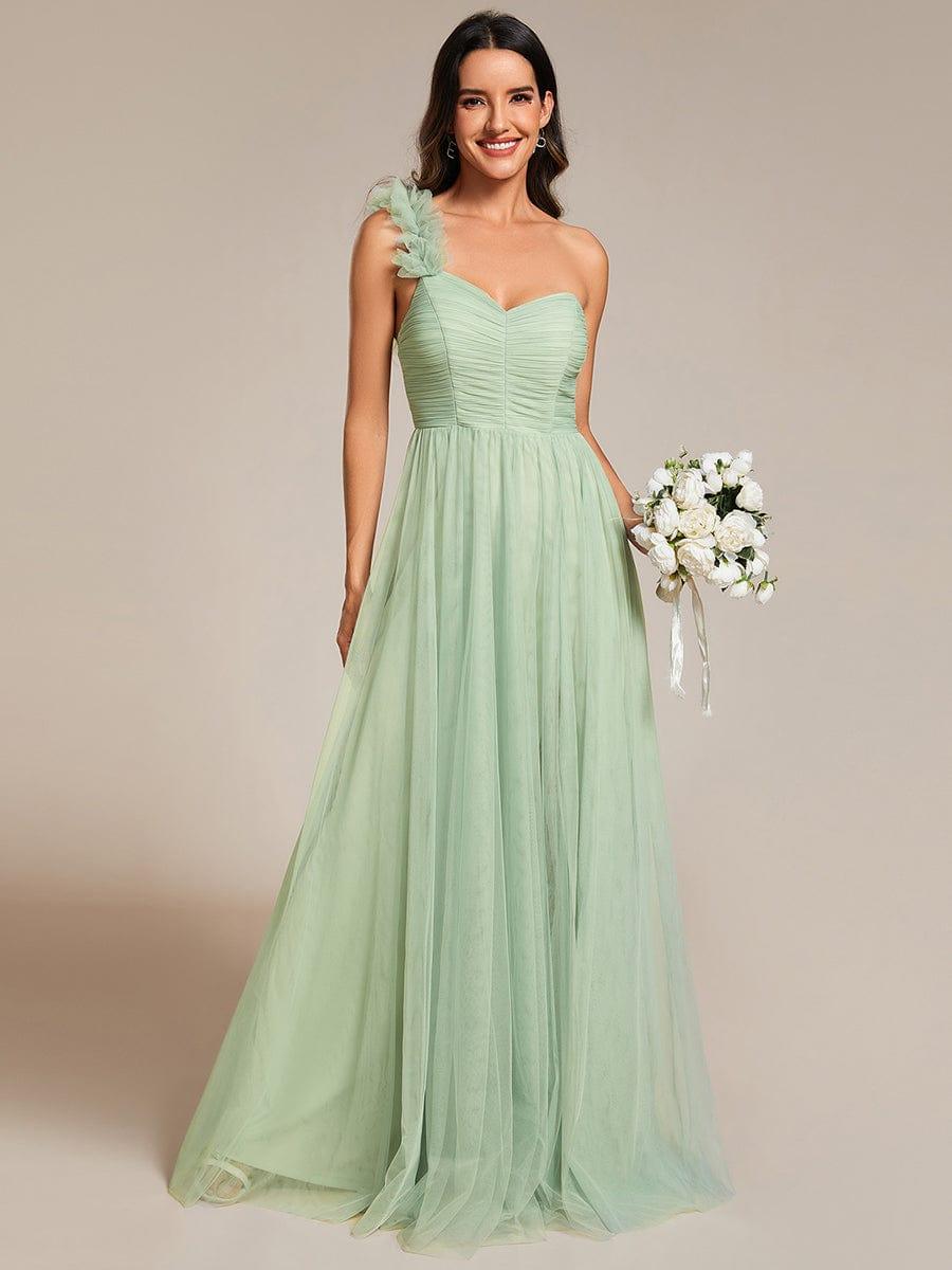 Sweetheart Neckline One Shoulder with Floral Tulle High Slit Bridesmaid Dress #color_Mint Green