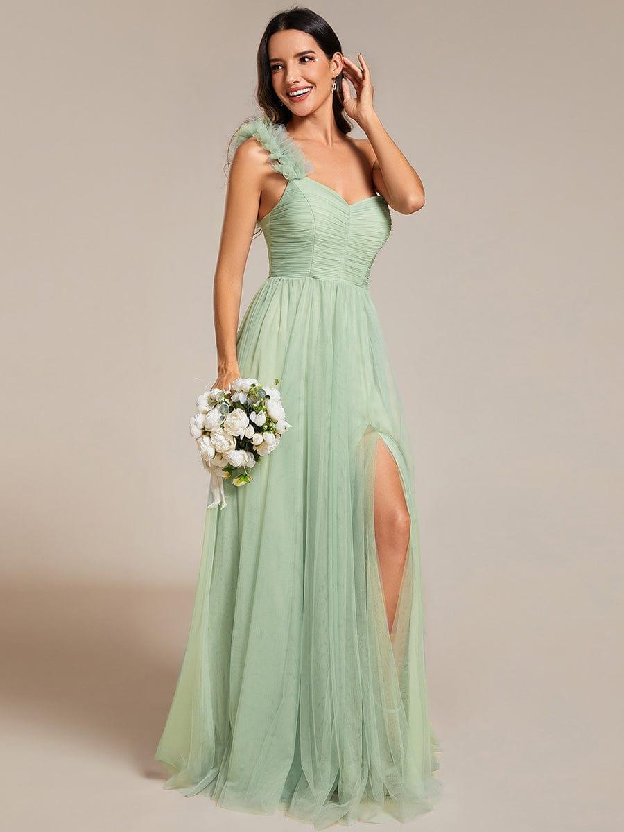 Sweetheart Neckline One Shoulder with Floral Tulle High Slit Bridesmaid Dress #color_Mint Green