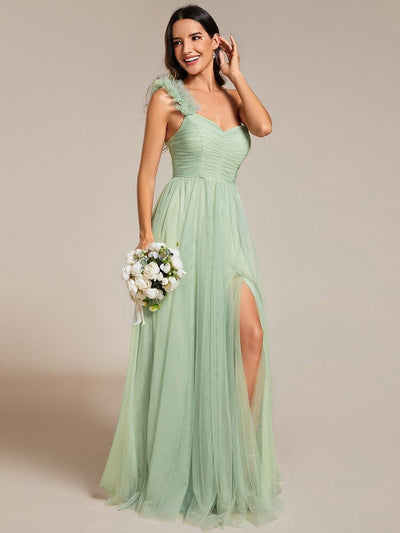 Sweetheart Neckline One Shoulder with Floral Tulle High Slit Bridesmaid Dress #color_Mint Green