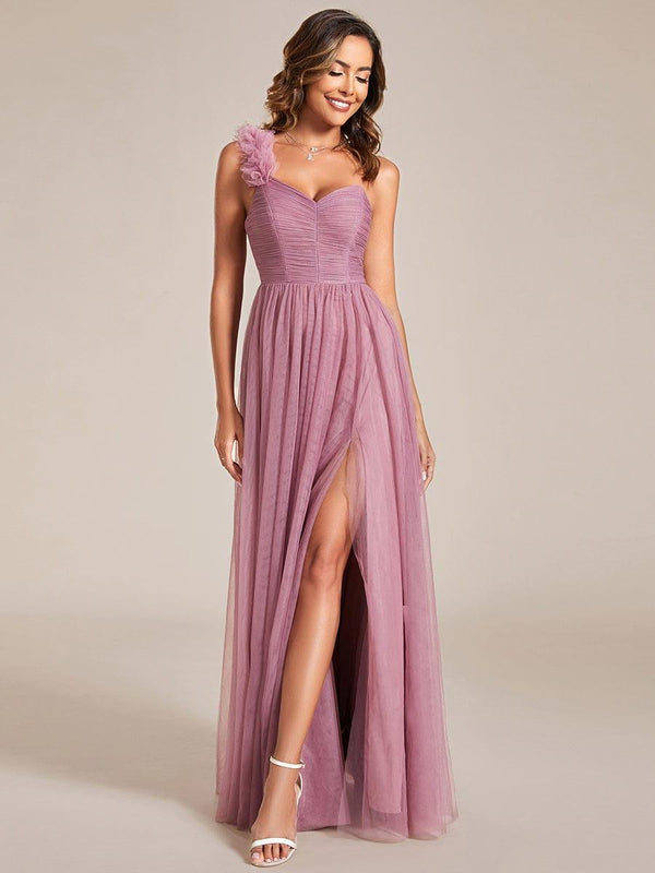 One-Shoulder Sheath Ruched Bridesmaid Dress With Slit in Wild Rose