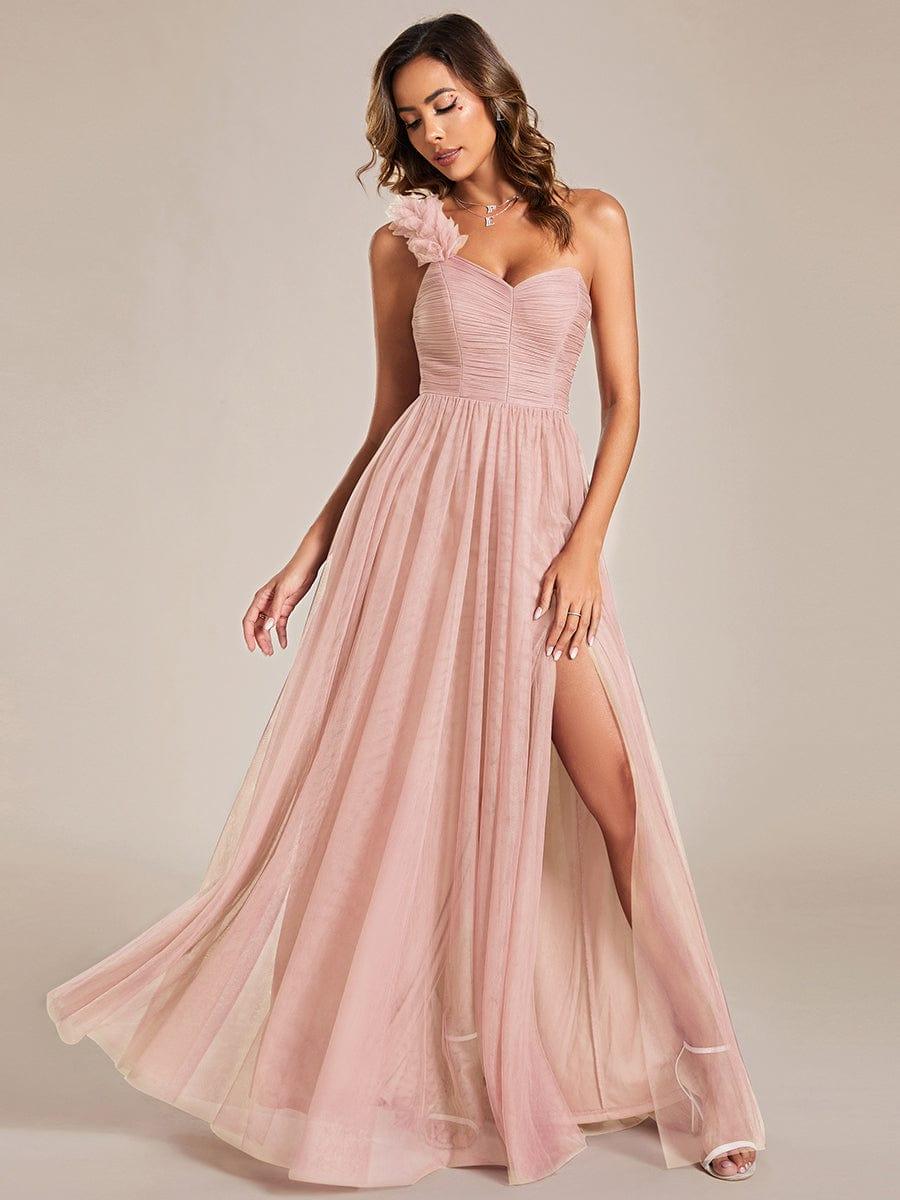 Sweetheart Neckline One Shoulder with Floral Tulle High Slit Bridesmaid Dress #color_Pink