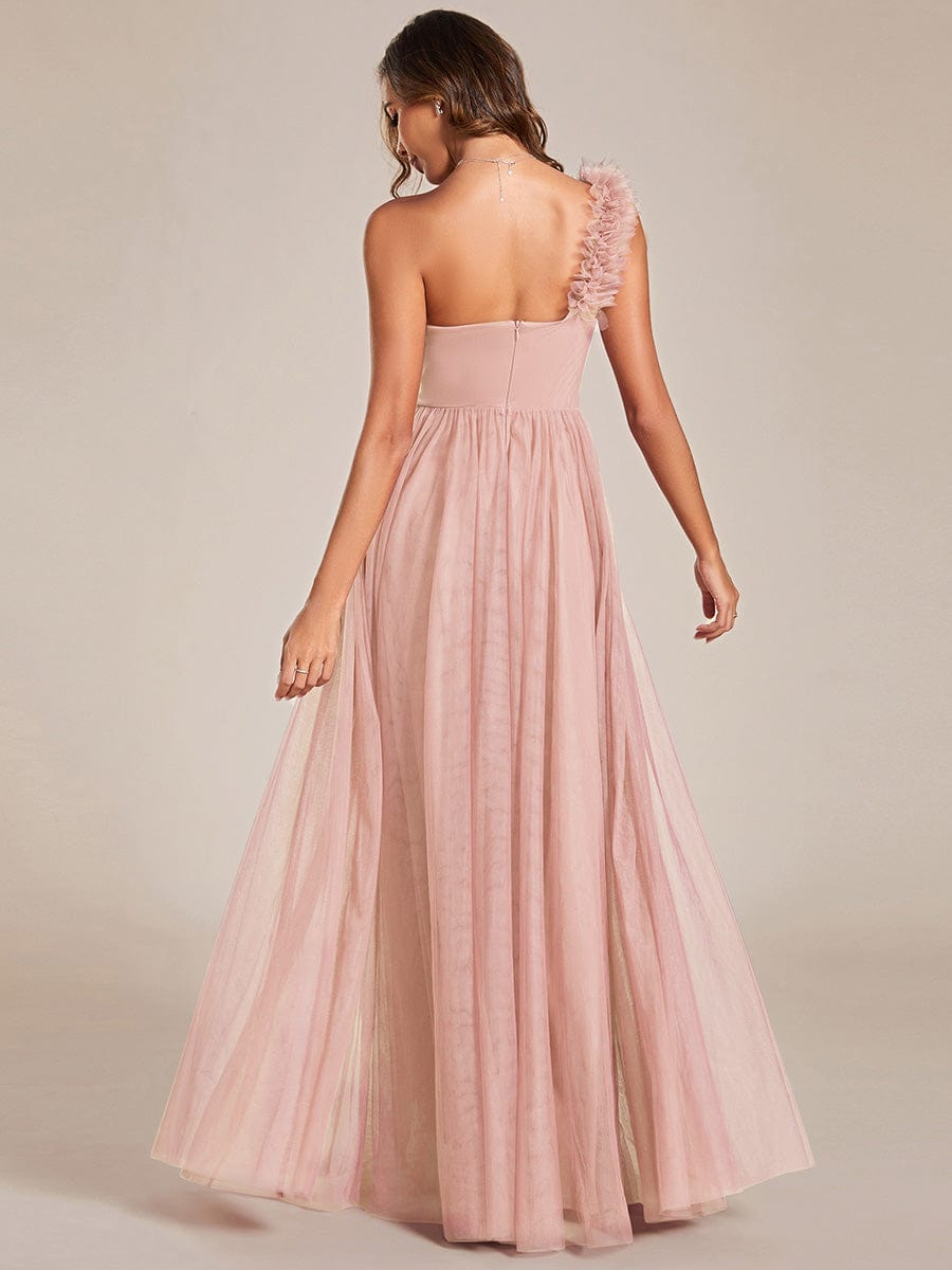 Sweetheart Neckline One Shoulder with Floral Tulle High Slit Bridesmaid Dress #color_Pink