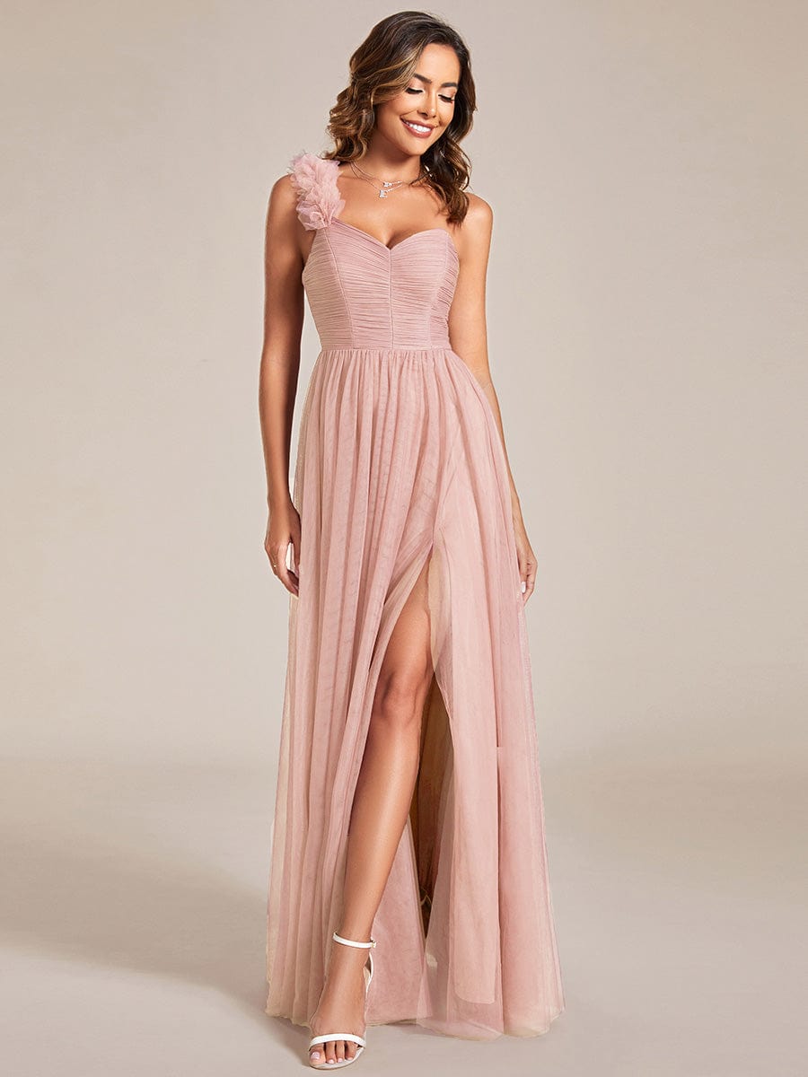Sweetheart Neckline One Shoulder with Floral Tulle High Slit Bridesmaid Dress #color_Pink