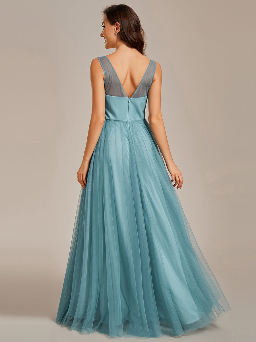 See-Through Shoulder Strap Flower Decoration Tulle Bridesmaid Dress