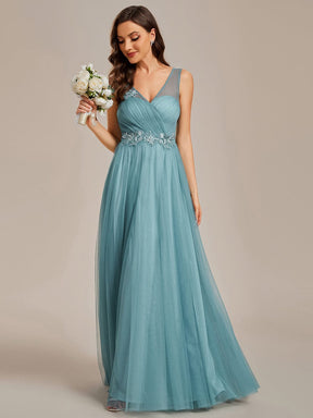 See-Through Shoulder Strap Flower Decoration Tulle Bridesmaid Dress