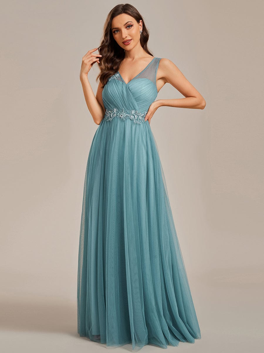 See-Through Shoulder Strap Flower Decoration Tulle Bridesmaid Dress