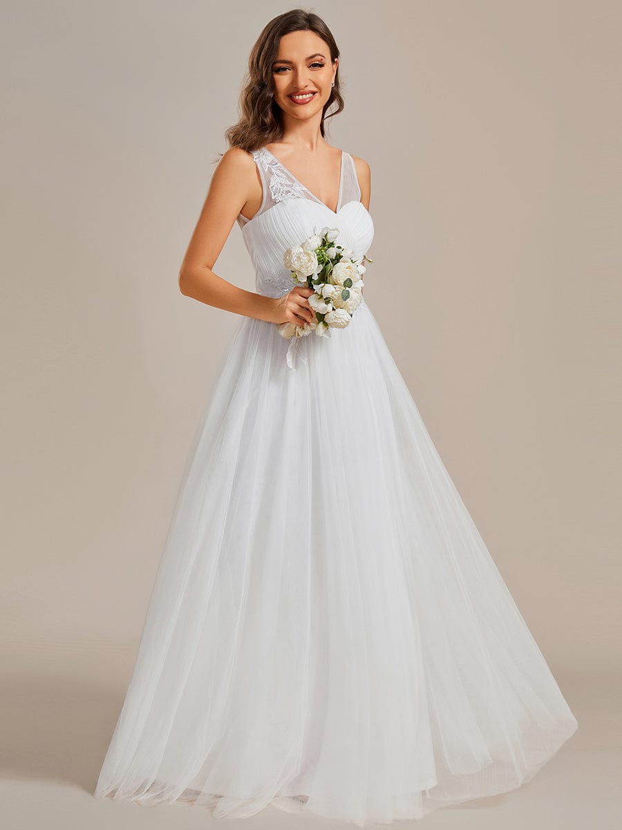 See-Through Shoulder Strap Flower Decoration Tulle Bridesmaid Dress