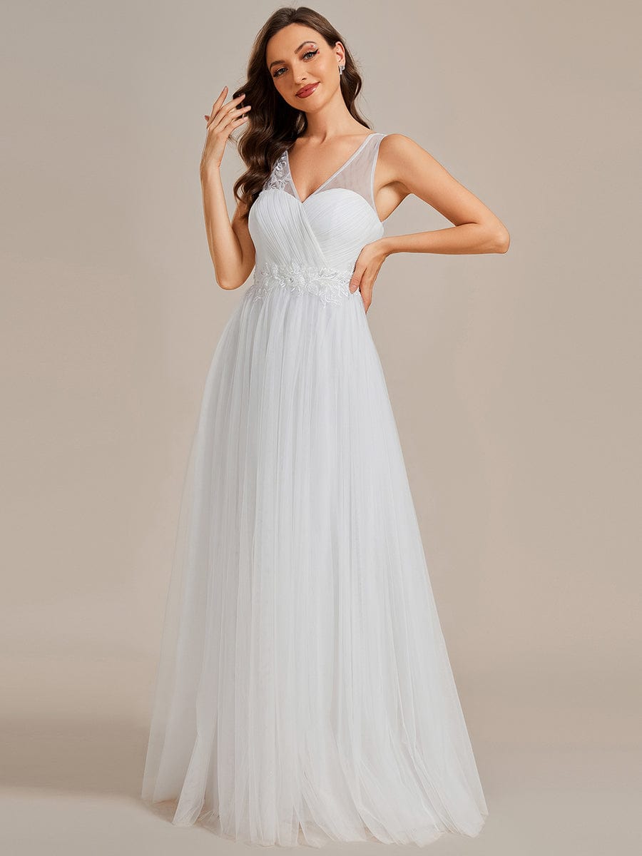 See-Through Shoulder Strap Flower Decoration Tulle Bridesmaid Dress