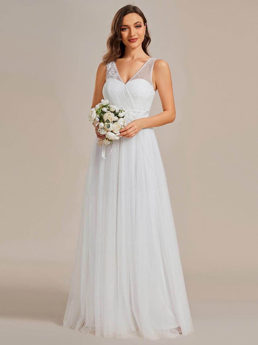 See-Through Shoulder Strap Flower Decoration Tulle Bridesmaid Dress