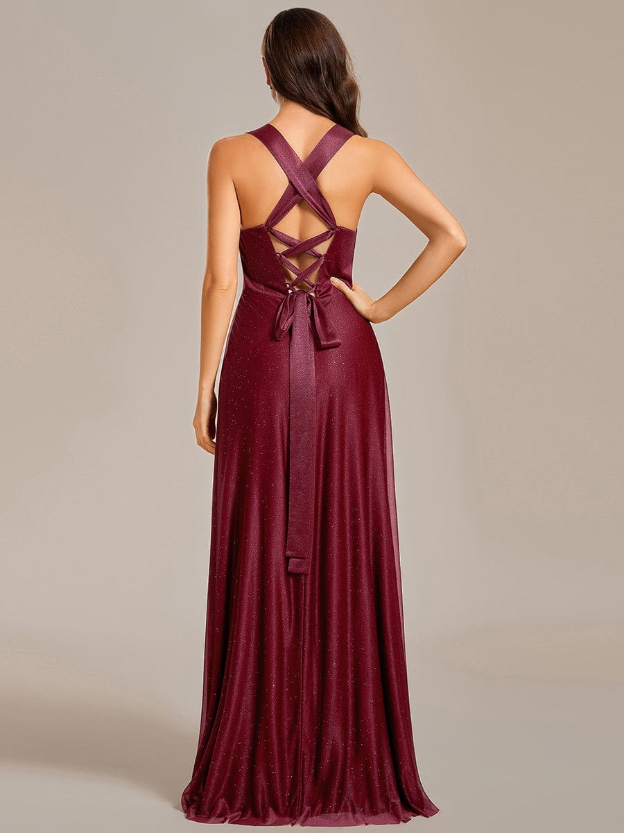 Glittery Pleated V-neck Adjustable Back Lace-Up Sleeveless Bridesmaid Dress #color_Burgundy