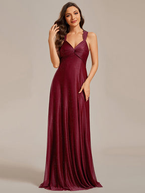 Glittery Pleated V-neck Adjustable Back Lace-Up Sleeveless Bridesmaid Dress