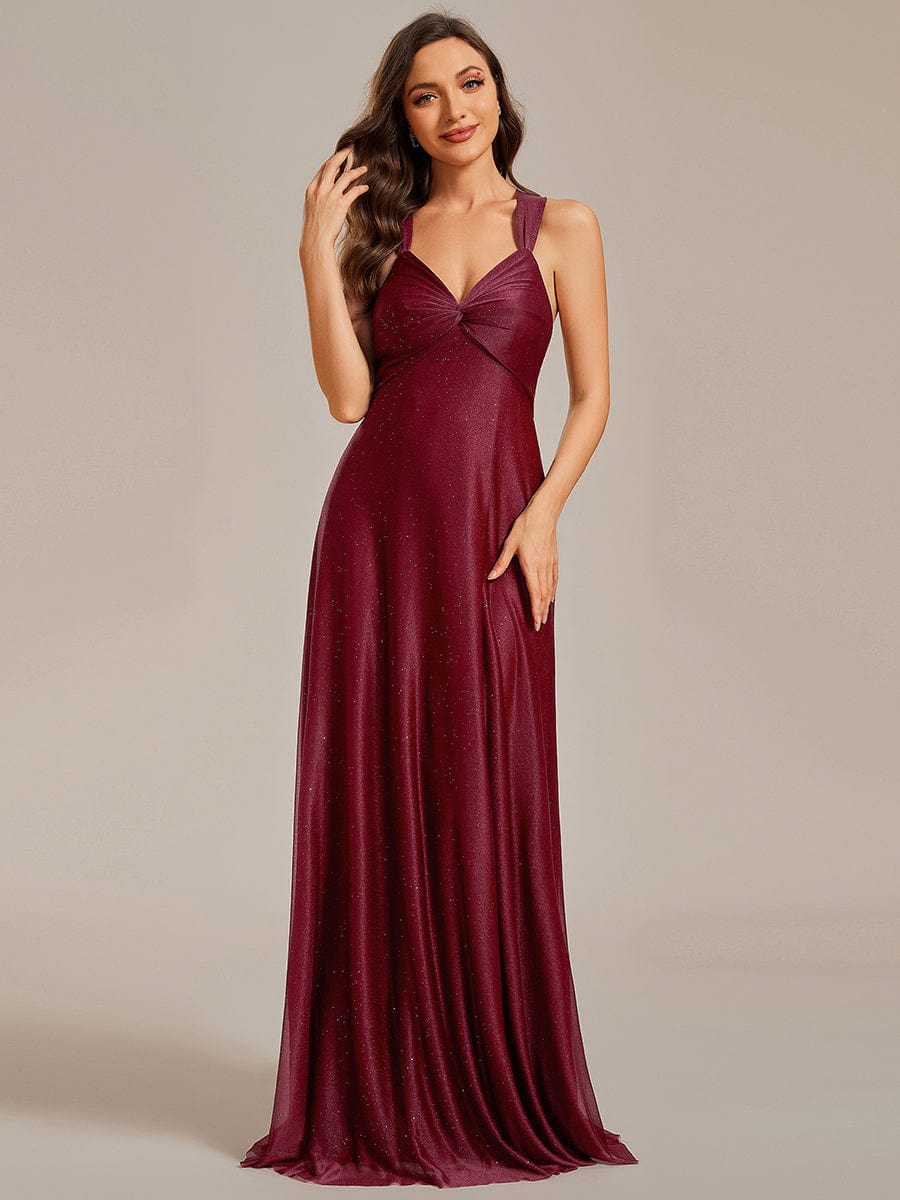 Glittery Pleated V-neck Adjustable Back Lace-Up Sleeveless Bridesmaid Dress #color_Burgundy