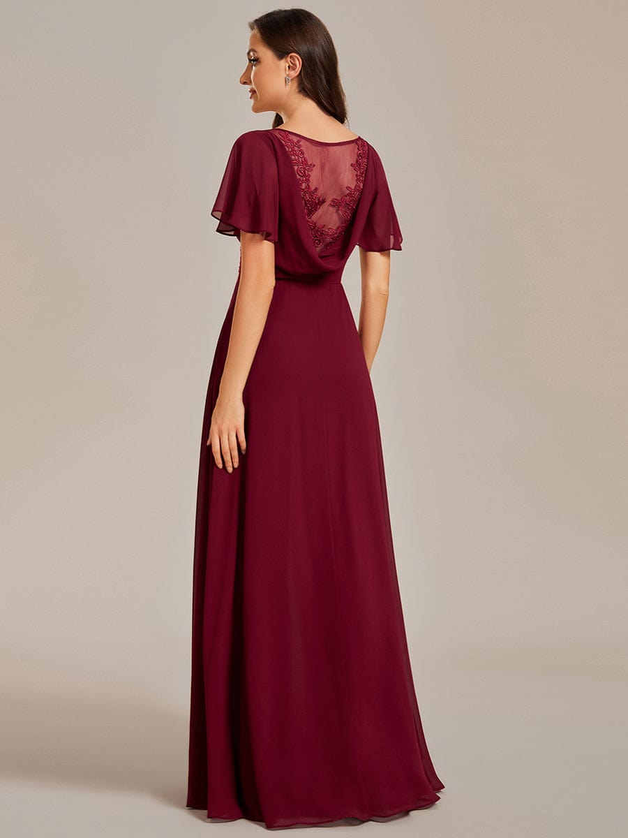 Back See-Through Swing Collar Applique Ruffles Sleeve A-Line Evening Dress #color_Burgundy