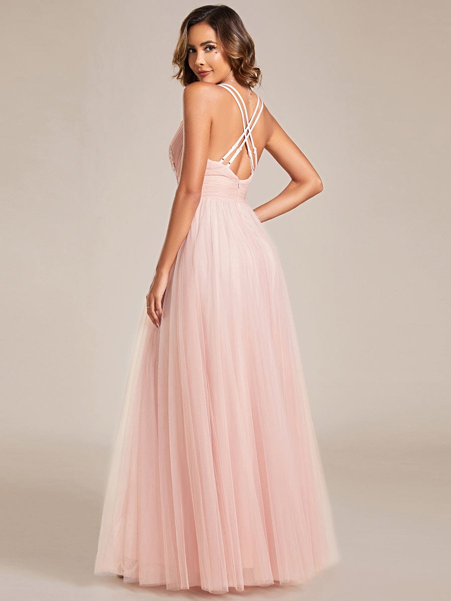 Sleeveless Waist Applique Cross-Back Straps Tulle Bridesmaid Dress #color_Pink