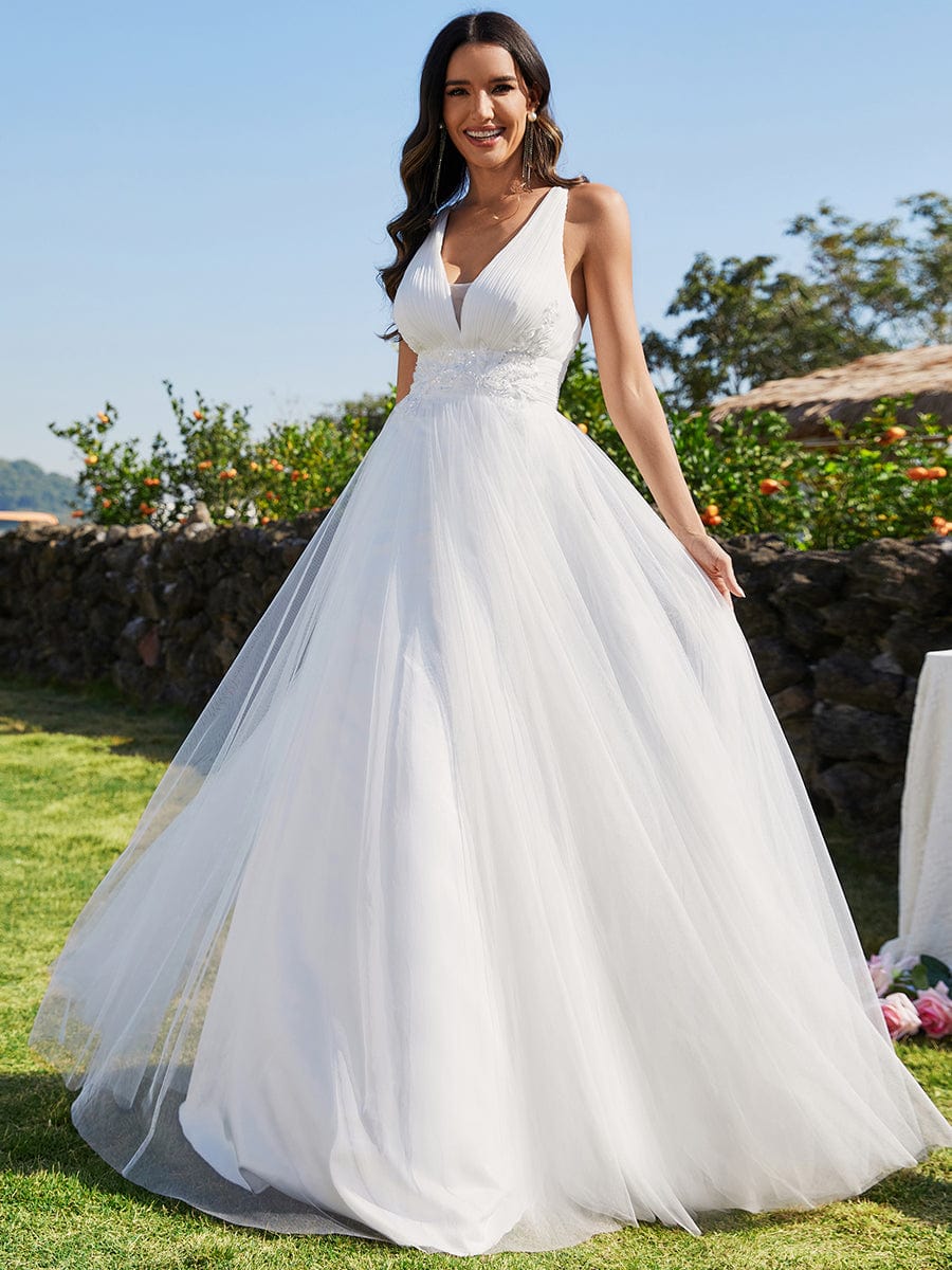 Custom Size Sleeveless Waist Applique Cross-Back Straps Tulle Wedding Dress #color_White