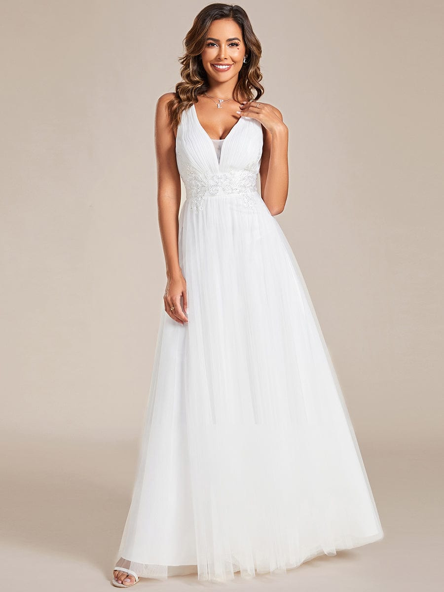 Sleeveless Waist Applique Cross-Back Straps Tulle Bridesmaid Dress #color_White