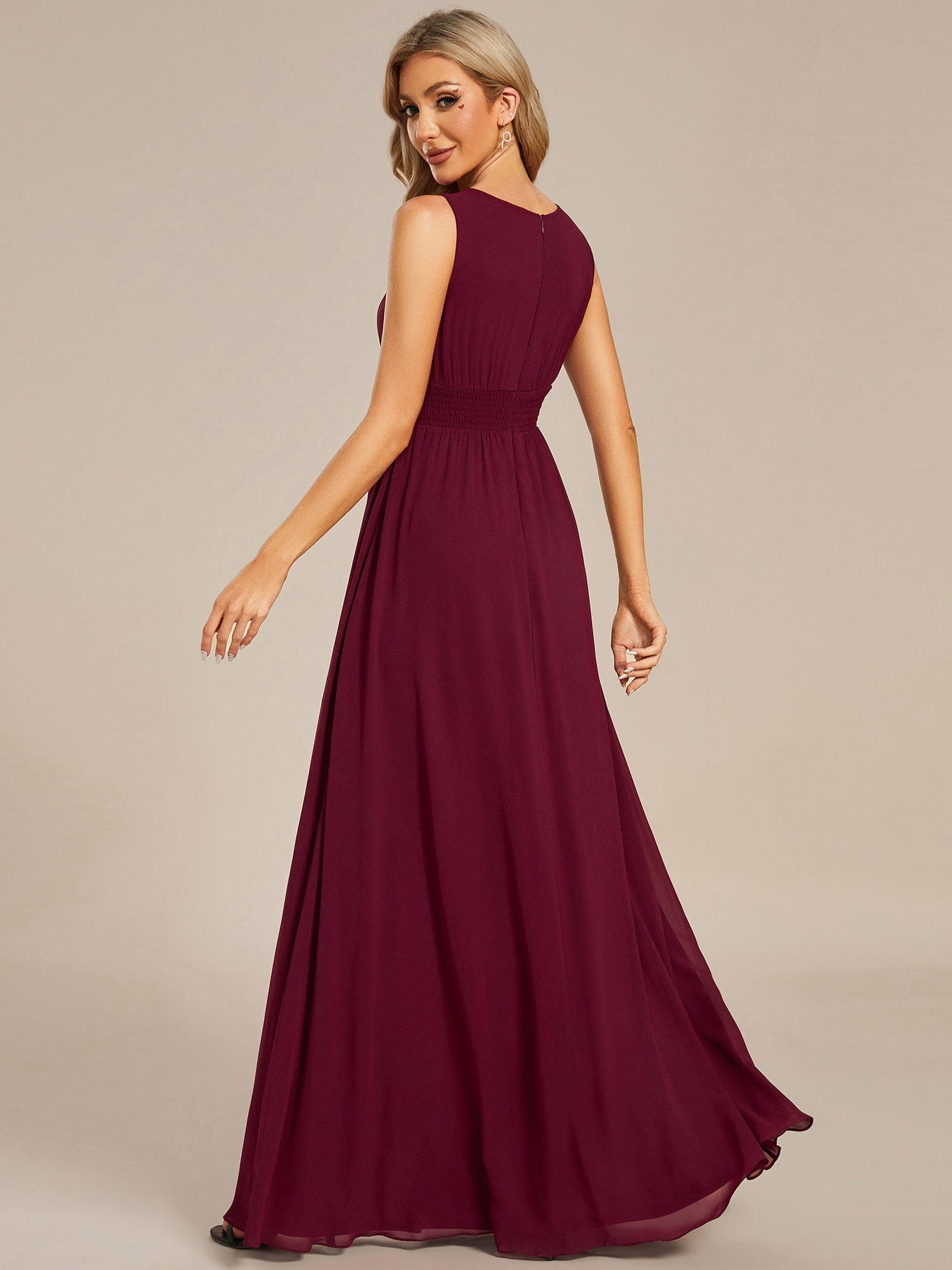 Simple Sleeveless A-line Chiffon Bridesmaid Dress with Hollow Out Detail #color_Burgundy