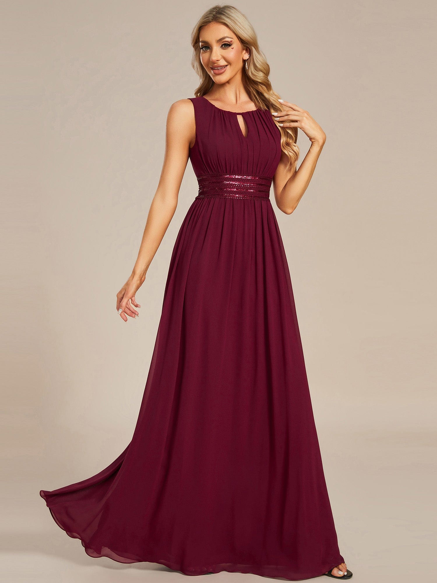 Simple Sleeveless A-line Chiffon Bridesmaid Dress with Hollow Out Detail #color_Burgundy