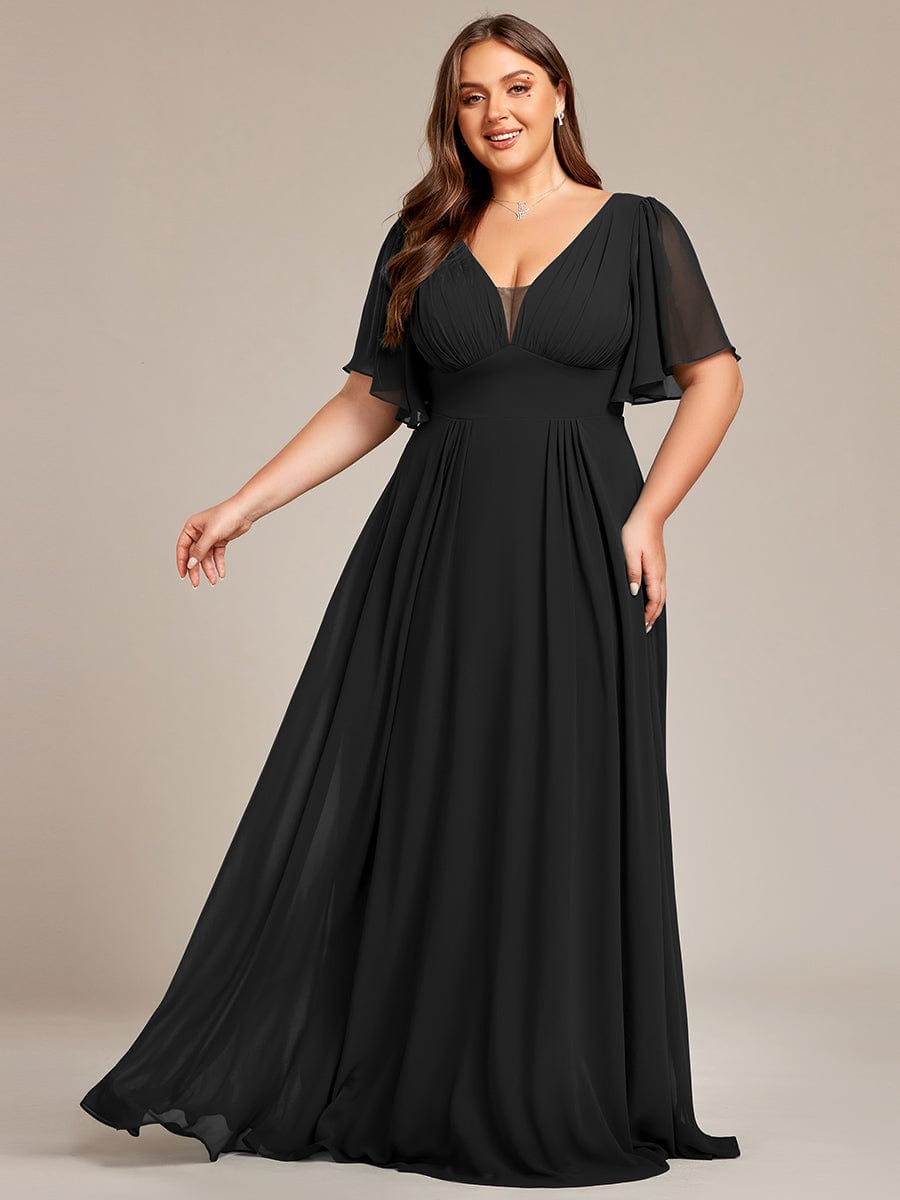 Plus Size Chiffon A-Line Double V-Neck Empire Waist Bridesmaid Dress #color_Black