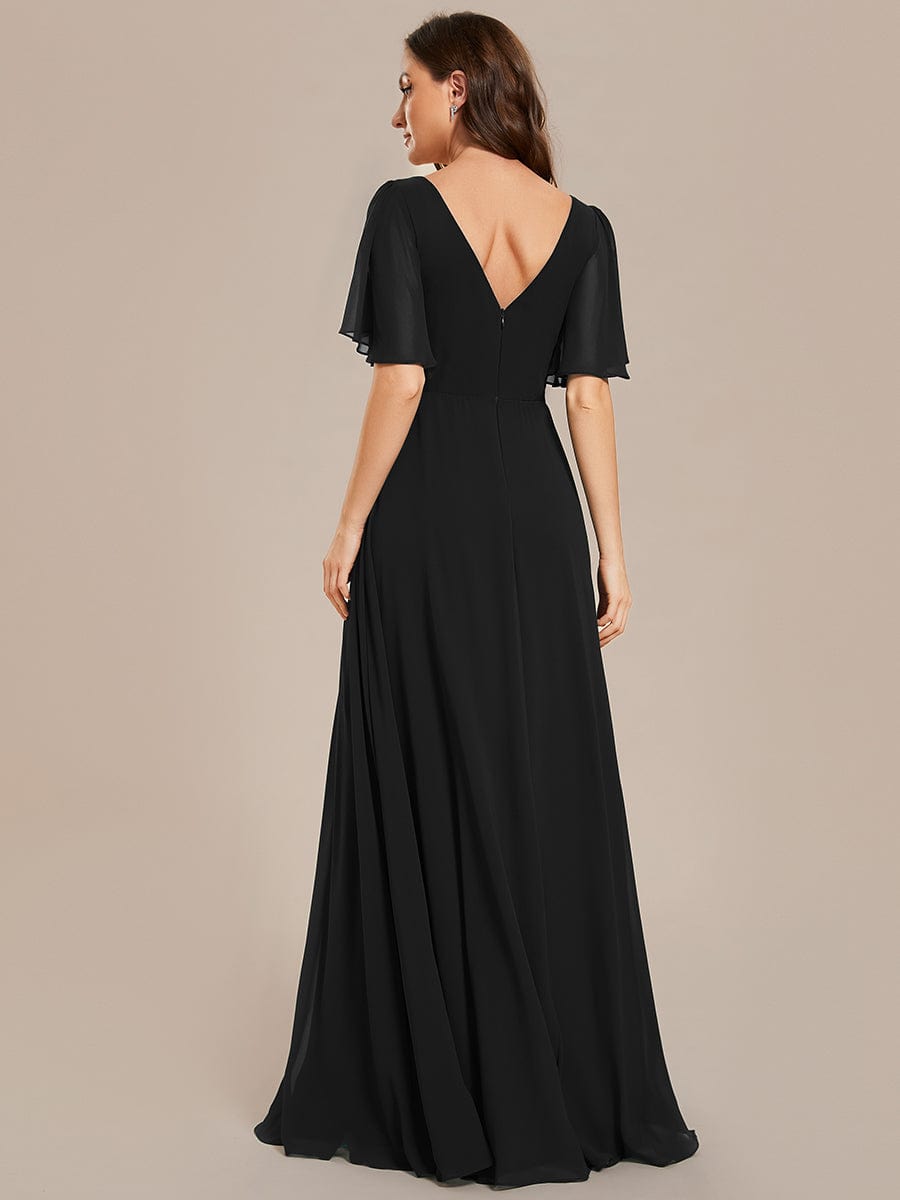 Simple Chiffon Short Sleeves Empire Waist A-Line Maxi Bridesmaid Dress #color_Black