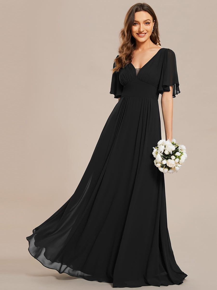 Simple Chiffon Short Sleeves Empire Waist A-Line Maxi Bridesmaid Dress #color_Black