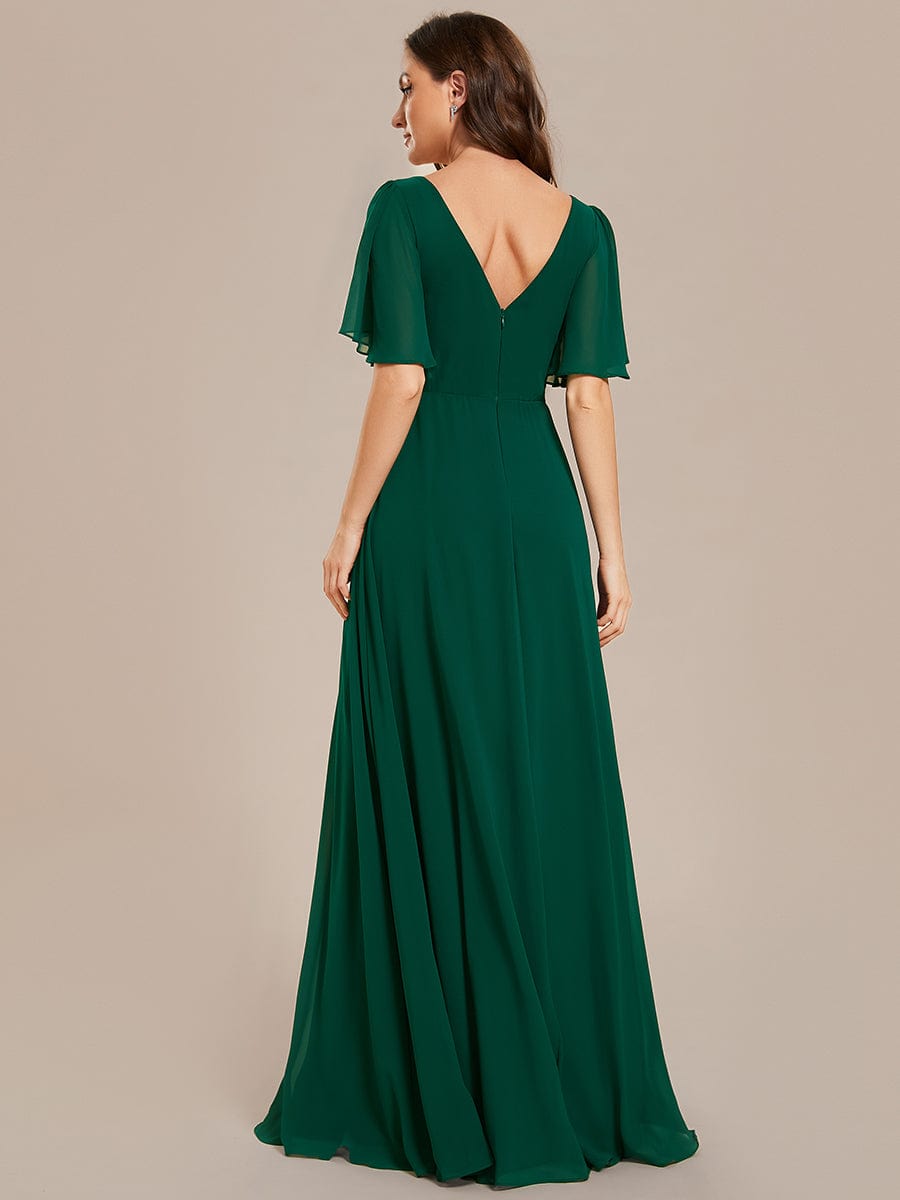 Simple Chiffon Short Sleeves Empire Waist A-Line Maxi Bridesmaid Dress #color_Dark Green